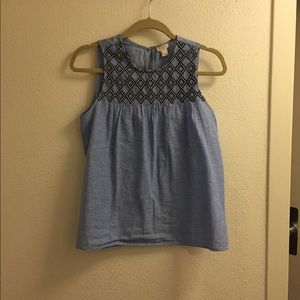J. Crew Light Blue Sleeveless Tank with Black & White Embellished Yoke